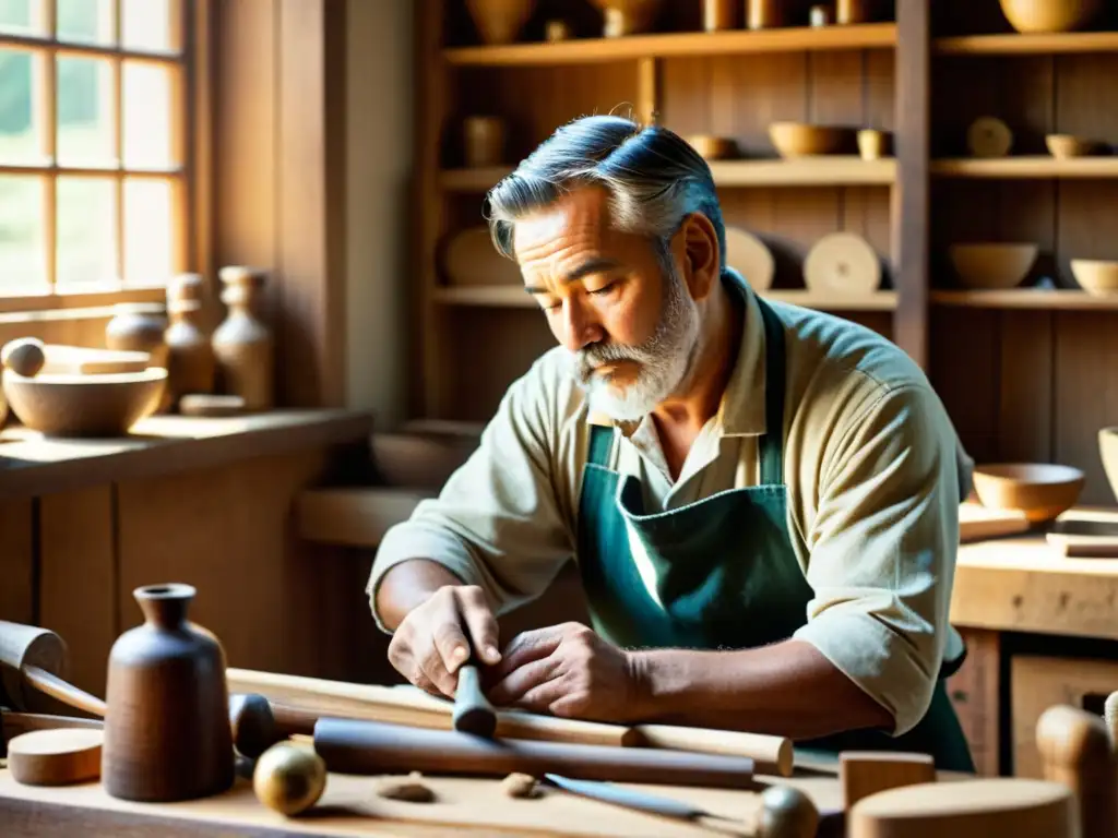 Un artesano trabaja con herramientas tradicionales en un taller iluminado por la luz del sol