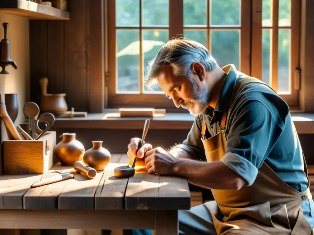 Un artesano trabaja con herramientas vintage en su banco de trabajo de madera