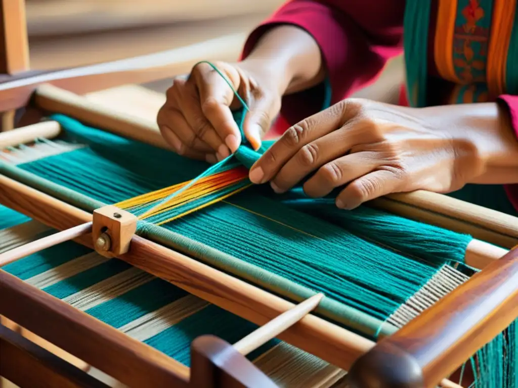 Un artesano hábil teje hilos brillantes en un telar de madera, mostrando la artesanía tradicional e innovación digital en una imagen evocadora