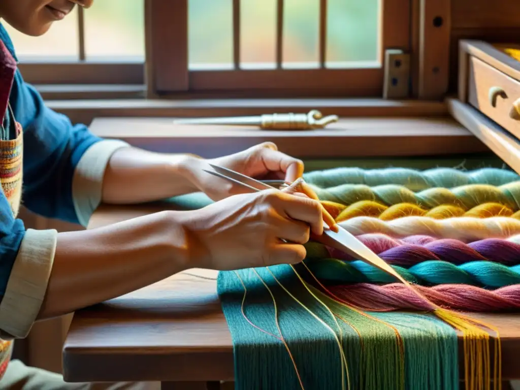 Un artesano teje delicadamente hilos de colores en un patrón textil tradicional, iluminado por cálida luz natural