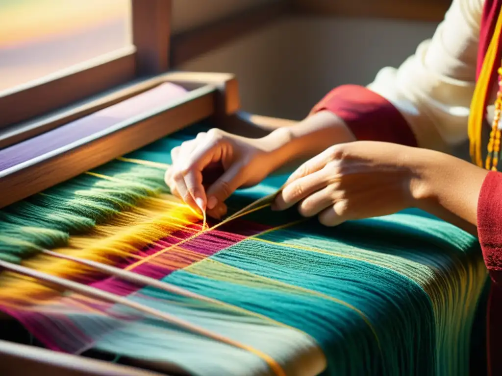 Un artesano teje delicadamente hilos coloridos en una hermosa tela, con luz cálida y nostálgica