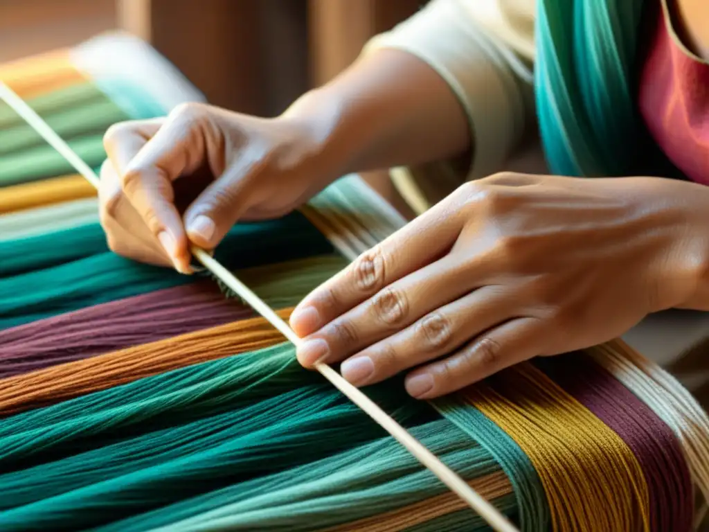 Un artesano teje meticulosamente hilos coloridos en un patrón textil tradicional, con luz suave resaltando los detalles