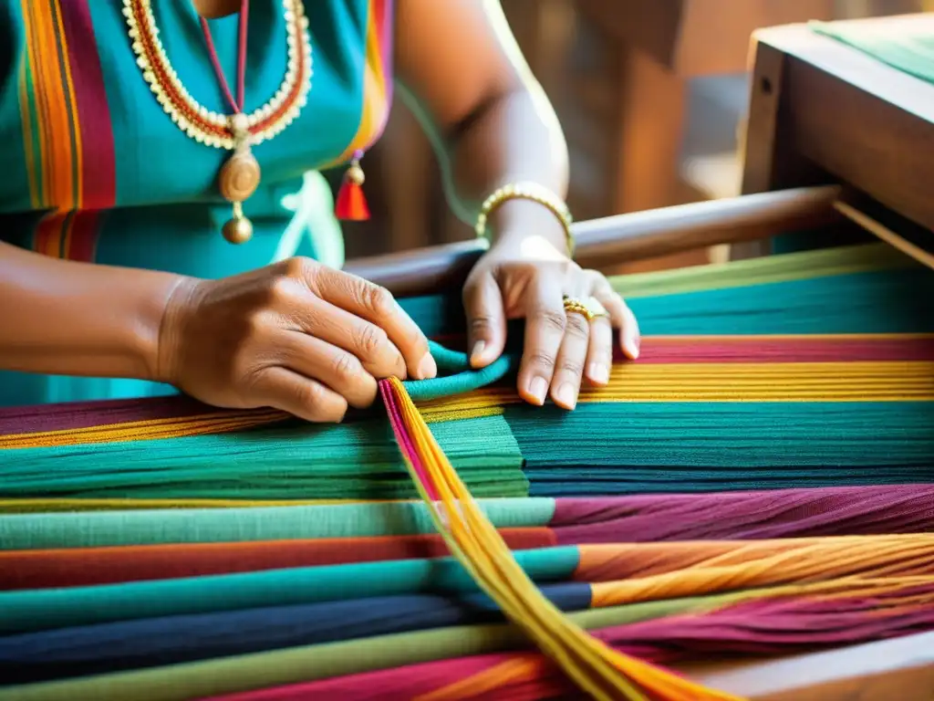 Un artesano teje meticulosamente con hilos coloridos, en un telar vintage, demostrando la regeneración de materiales en la artesanía contemporánea