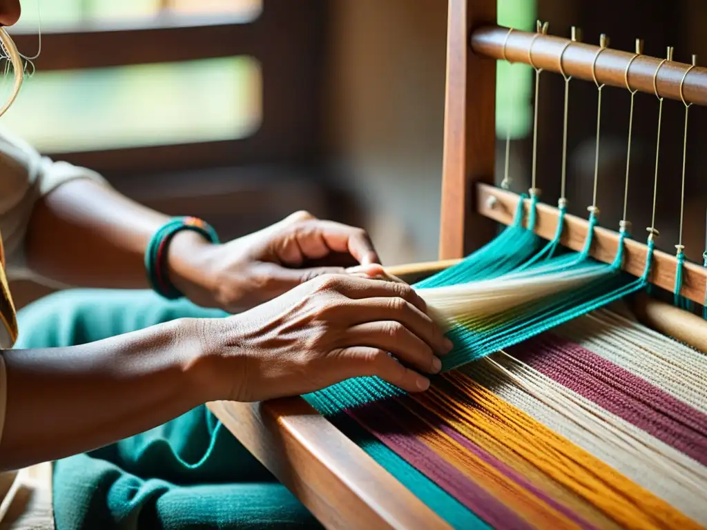 Un artesano teje delicadamente hilos coloridos en un telar tradicional, resaltando la artesanía tradicional en la era digital