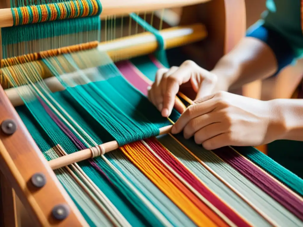 Un artesano hábil teje meticulosamente hilos coloridos en un telar de madera vintage, creando patrones vibrantes