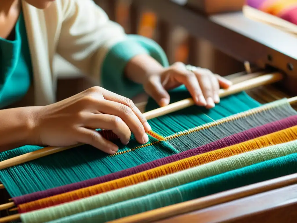 Un artesano teje con maestría hilos coloridos en un telar vintage, capturando la esencia de la artesanía tradicional en la era digital