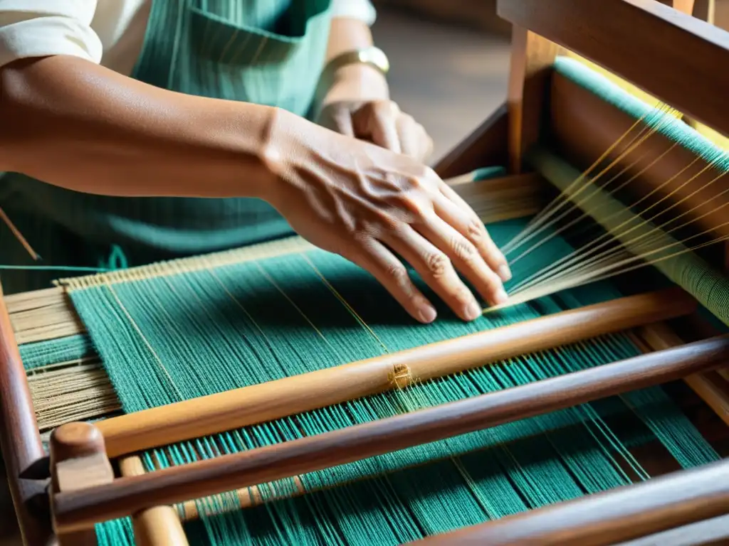 Un artesano hábil teje meticulosamente hilos vibrantes en un telar de madera, preservando tradiciones artesanales digitales