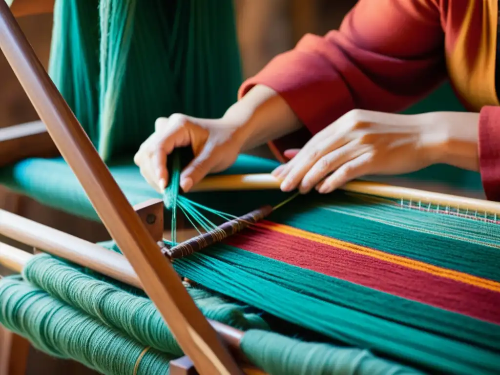 Un artesano teje cuidadosamente hilos vibrantes en un telar tradicional, rodeado de herramientas y textiles antiguos