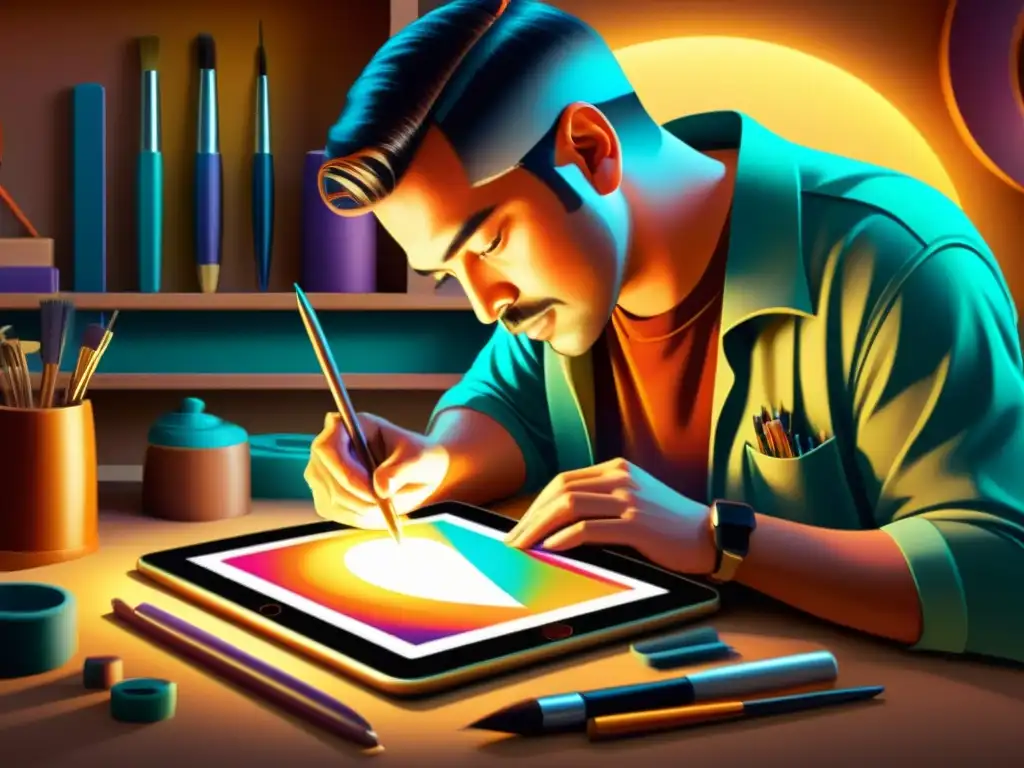 Un artesano crea meticulosamente una ilustración detallada en su tablet, rodeado de herramientas de arte digital