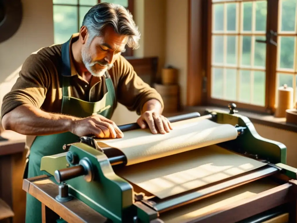 Artesano prensando papel reciclado en antigua imprenta Un artesano realiza una impresión digital artesanal con materiales reciclados en una prensa antigua, con luz solar iluminando el proceso