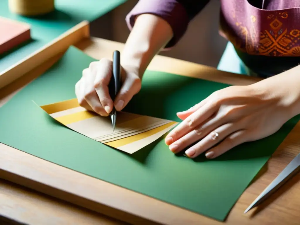 Artesano hábil creando arte con materiales reciclados Artesano crea impresión digital con materiales reciclados, con detalle y calidez vintage