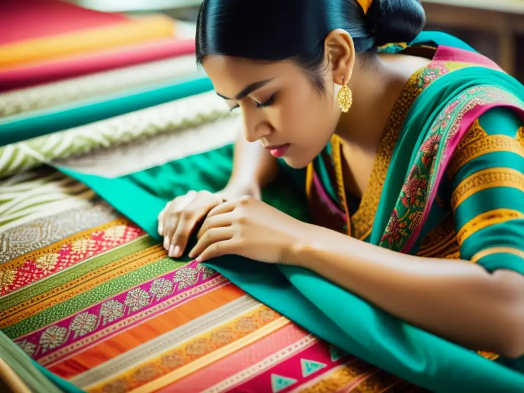 Un artesano inspecciona una impresión digital en tela artesanal, fusionando tradición y tecnología en la moda