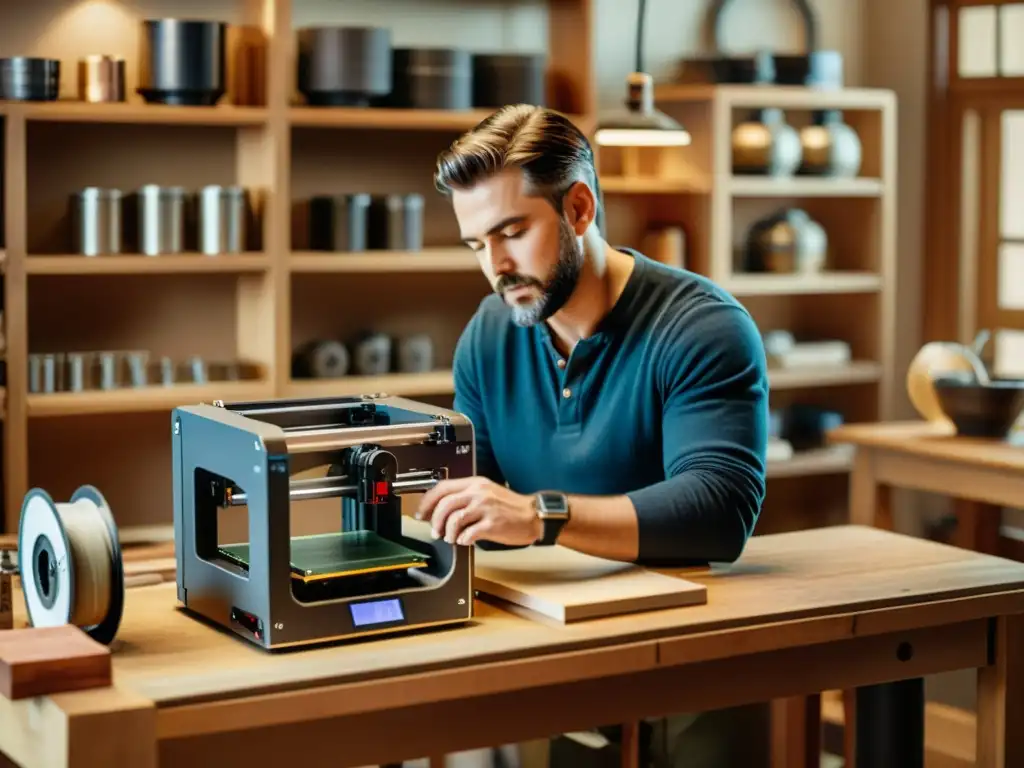 Artesano moderno: creación en 3D con encanto vintage Un artesano usa una impresora 3D para artesanía personalizada en un entorno vintage bañado en luz cálida
