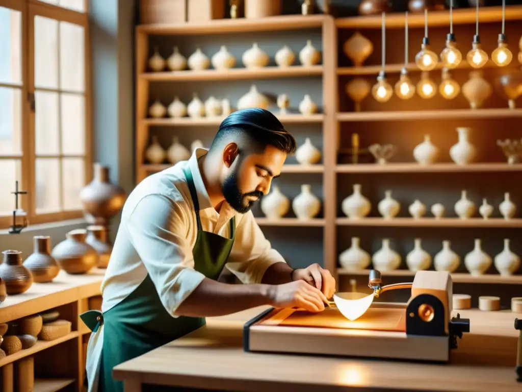 Un artesano utiliza una impresora 3D para artesanía tradicional en un encantador taller vintage