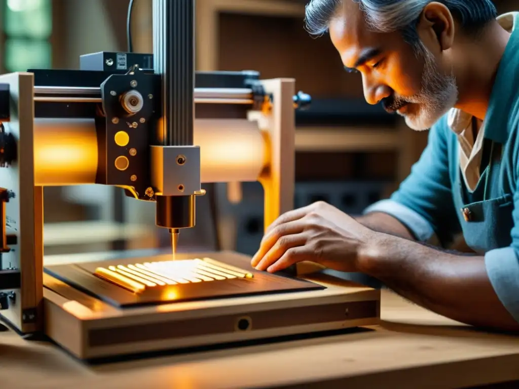 Un artesano ajusta una impresora 3D vintage en su taller, fusionando la artesanía tradicional con tecnología de vanguardia