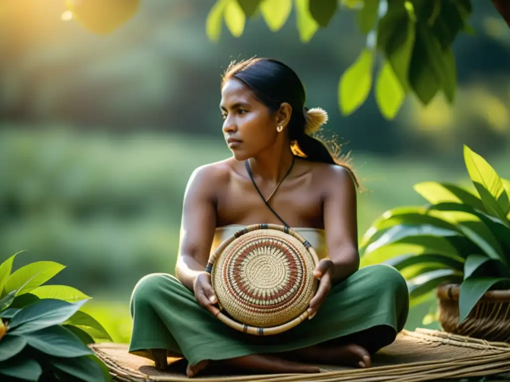 Un artesano indígena teje una cesta tradicional entre la exuberante vegetación, evocando el Renacimiento digital cestería indígena