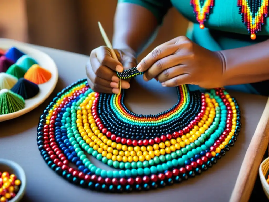 Un artesano indígena crea con cuidado un collar de cuentas coloridas, destacando la joyería nativa artesanal en línea