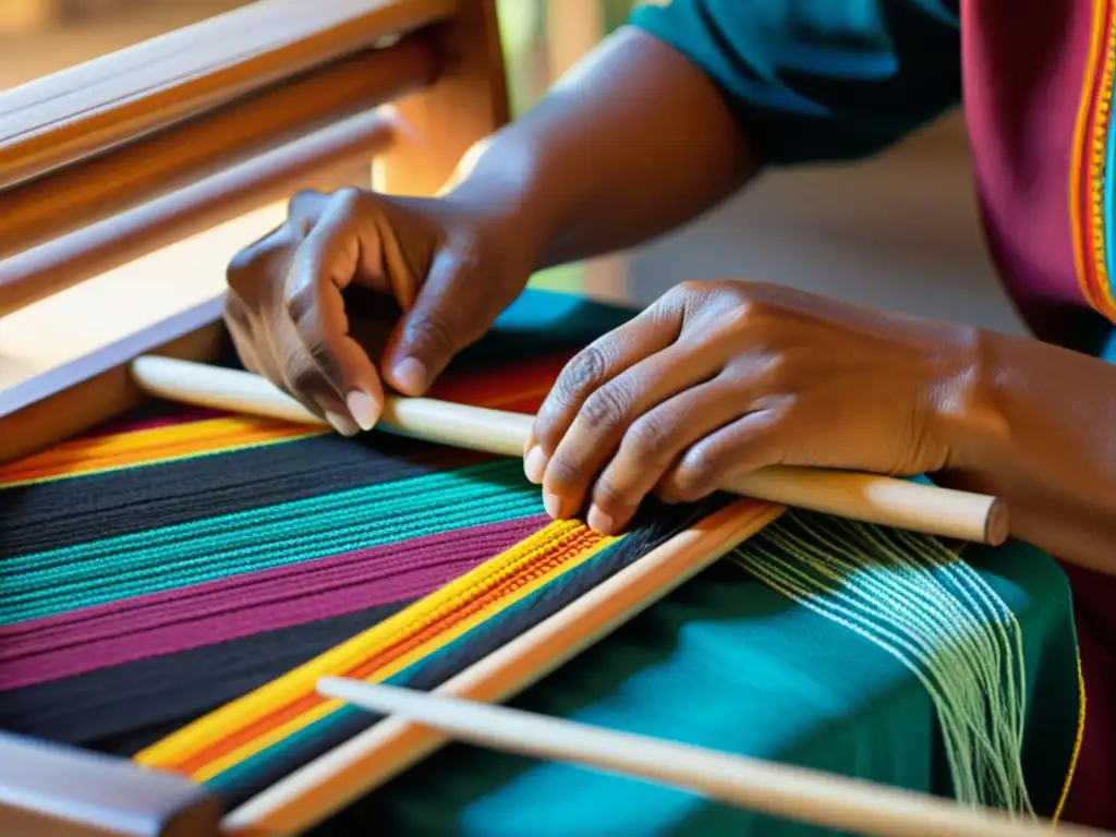 Un artesano indígena teje con cuidado patrones vibrantes en un telar de madera, capturando la herencia cultural