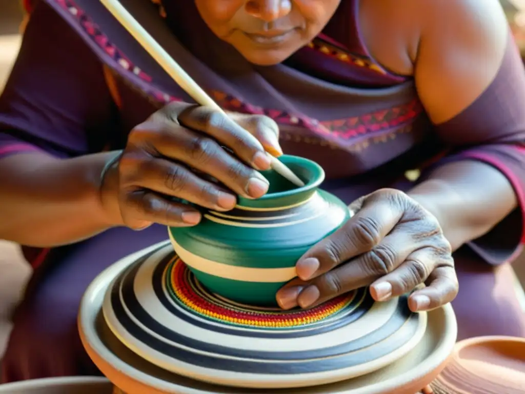 Un artesano indígena moldea con destreza la cerámica tradicional, rodeado de colores vibrantes y textiles tejidos a mano