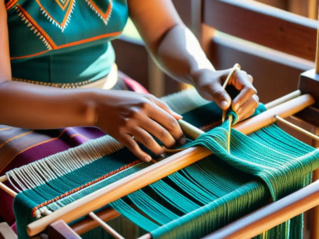 Un artesano indígena teje con destreza en un telar de madera, creando patrones e hilos vibrantes en un taller acogedor y lleno de tradición