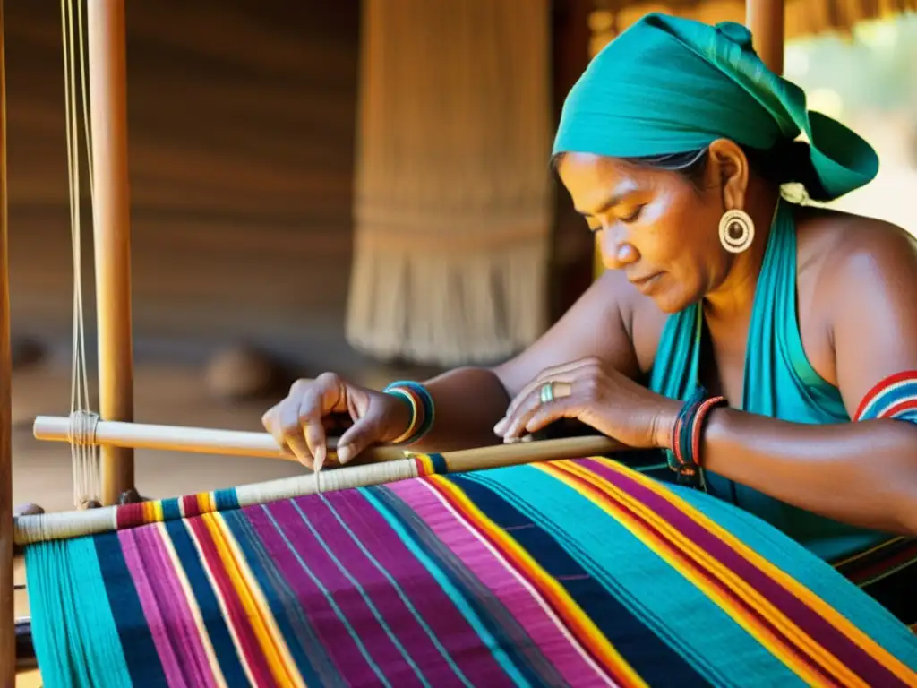 Un artesano indígena teje con esmero textiles tradicionales en telar de cintura, rodeado de colores y tintes naturales