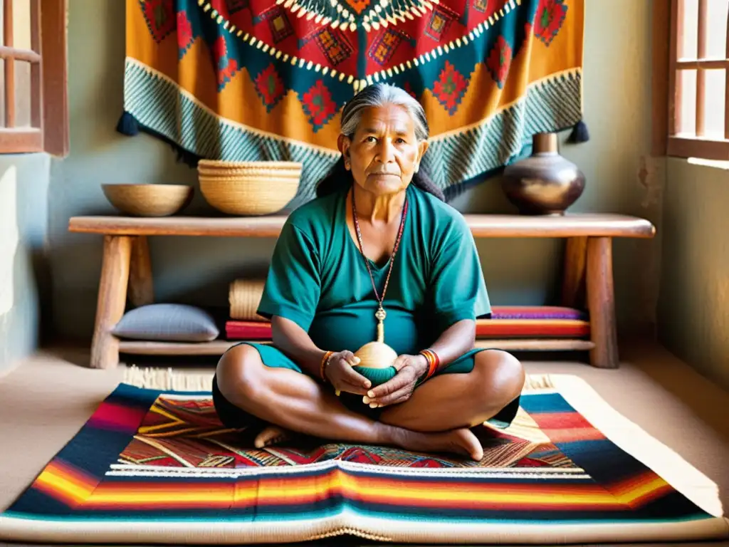 Artesano indígena teje una hermosa artesanía rodeado de textiles y objetos tradicionales, evocando la rica herencia cultural en la era digital