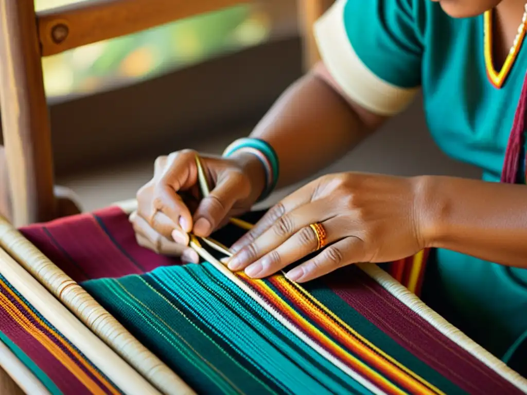 Un artesano indígena teje patrones tradicionales en un textil multicolor, conservando técnicas ancestrales con tecnología