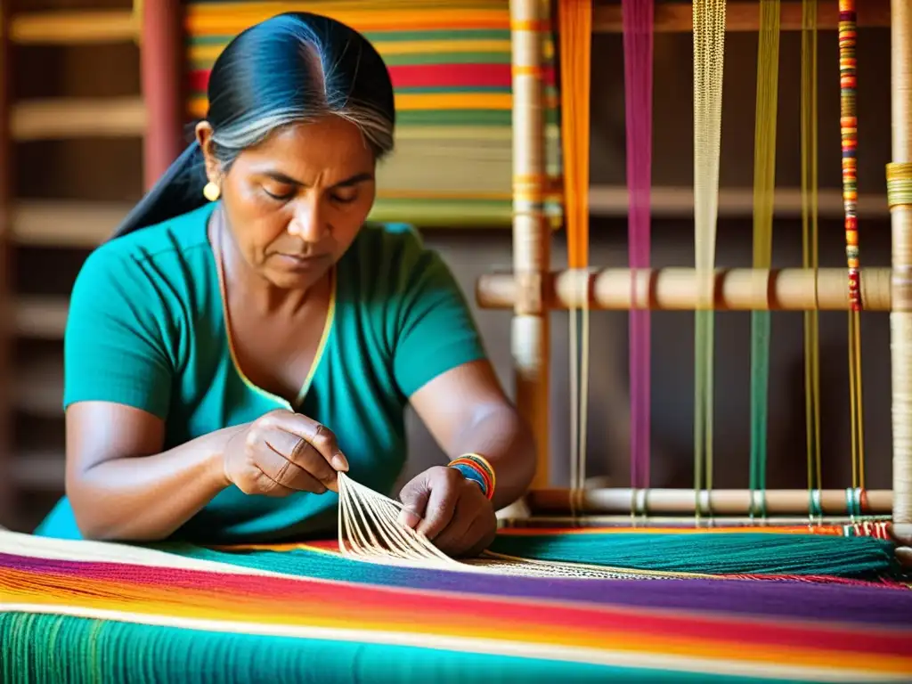 Un artesano indígena teje patrones vibrantes con métodos tradicionales, inmerso en su arte textil indígena en era digital