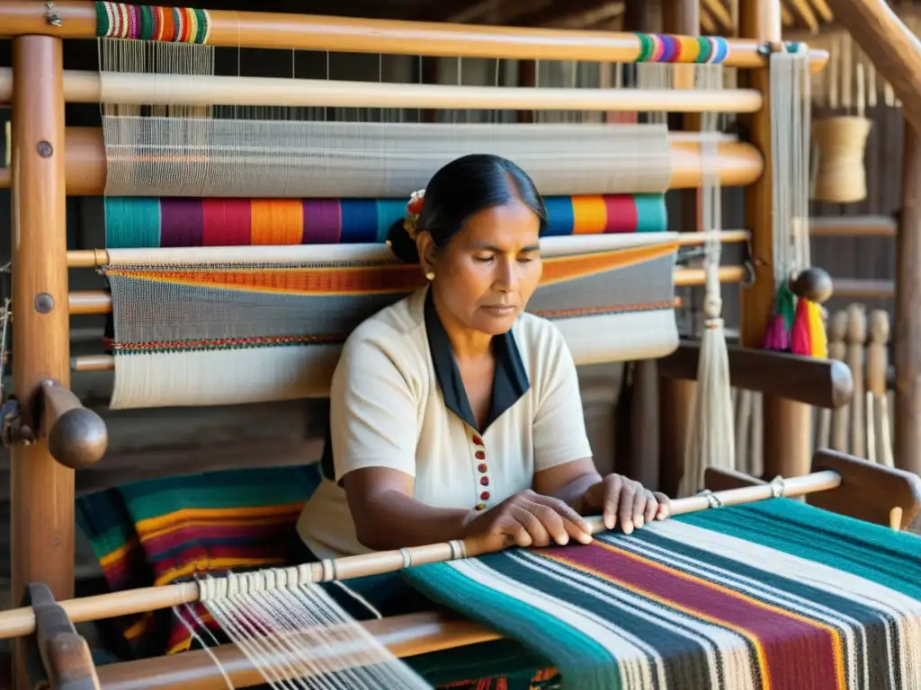 Un artesano indígena teje con maestría en un telar tradicional, rodeado de hilos vibrantes y textiles intrincados