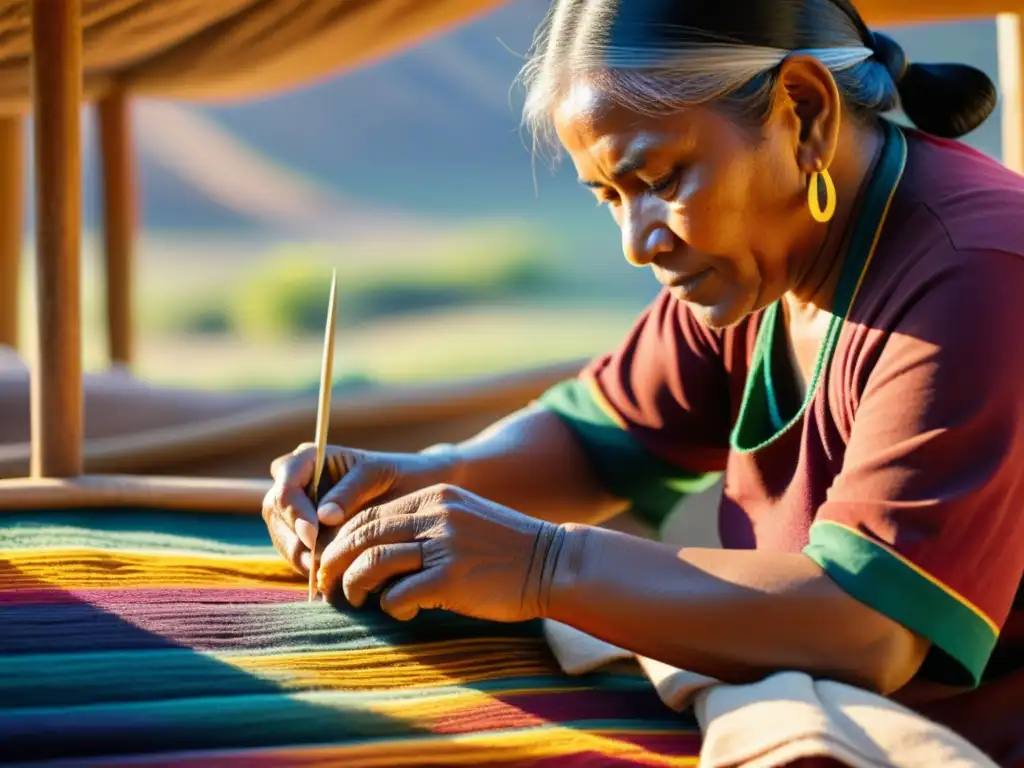 Un artesano indígena teje un textil tradicional con tintes naturales, bajo el cálido resplandor del atardecer