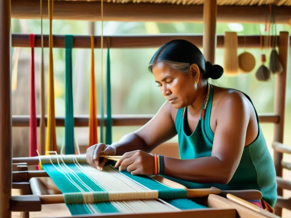 Un artesano indígena teje textiles con patrones intrincados en un telar de madera, iluminado por luz natural