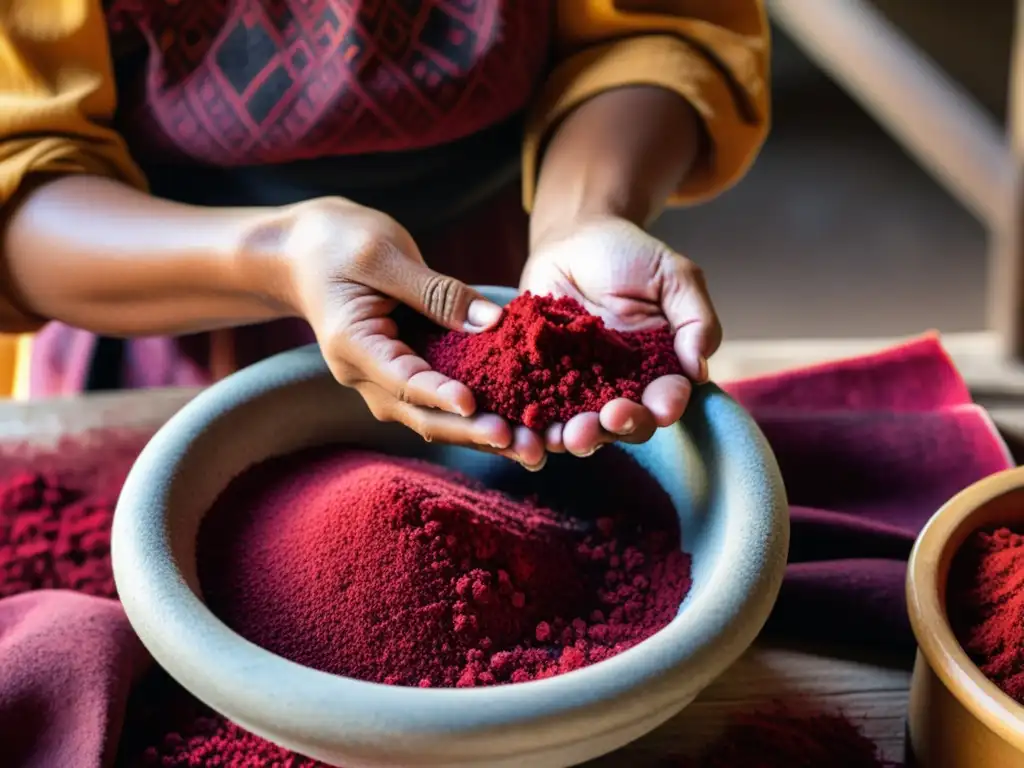 Un artesano indígena extrae cuidadosamente tinte rojo de insectos cochinilla