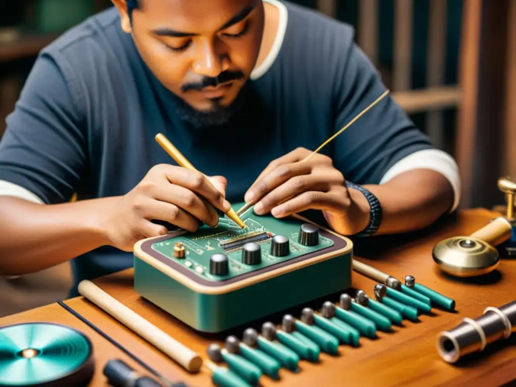 Un artesano crea un instrumento musical digital, fusionando tradición y tecnología