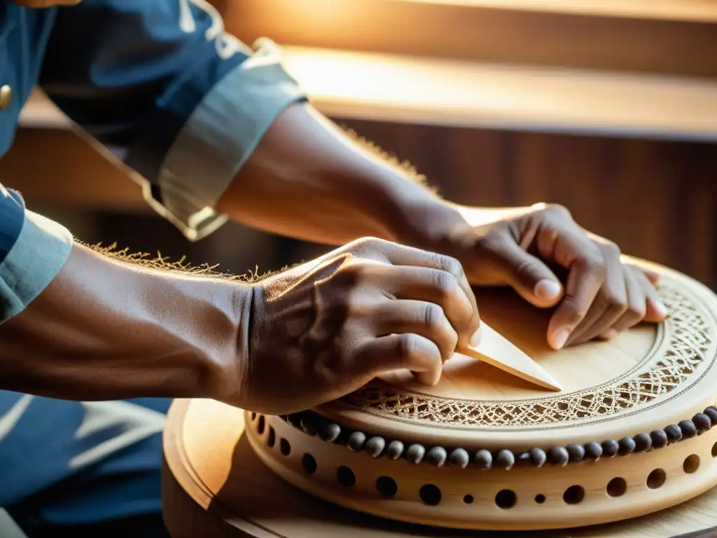 Un artesano hábil crea un instrumento musical de madera con dedicación, iluminado por una cálida luz