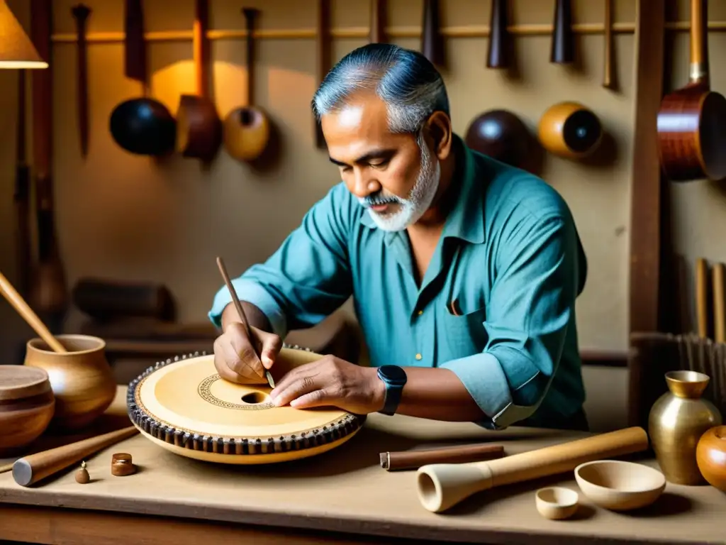 Un artesano crea un instrumento musical rodeado de herramientas y materiales naturales