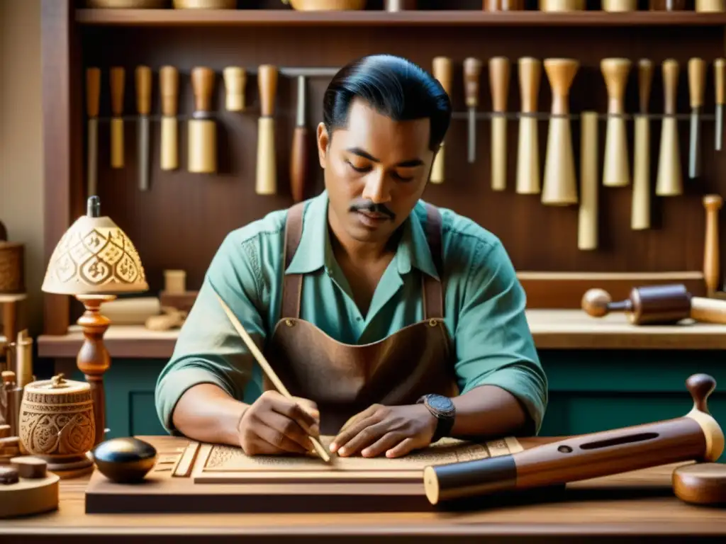 Artesano fabricando instrumentos musicales artesanales con herramientas tradicionales en un ambiente cálido y nostálgico