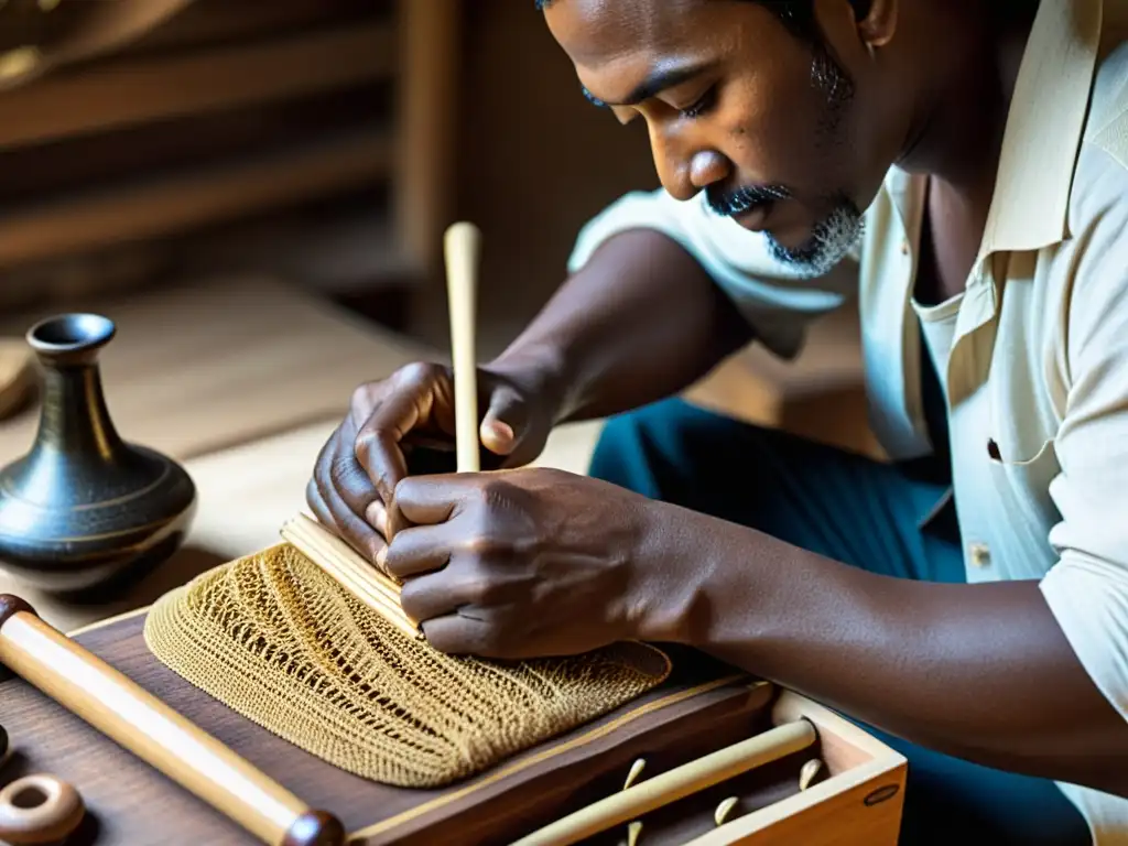 Artesano construyendo instrumentos musicales con dedicación y destreza