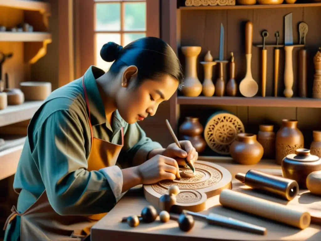 Un artesano trabaja en intrincadas tallas de madera en un taller soleado, evocando la belleza atemporal de la artesanía en medio del impacto de la robótica en la artesanía