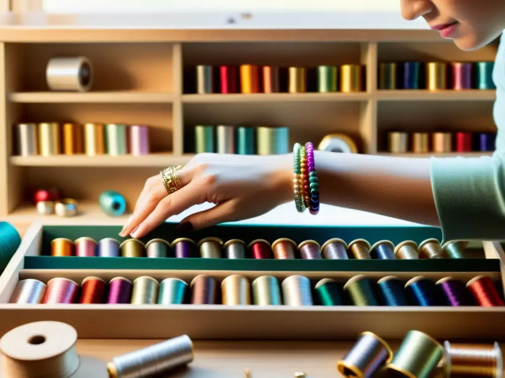 Un artesano crea una joya a mano rodeado de materiales coloridos