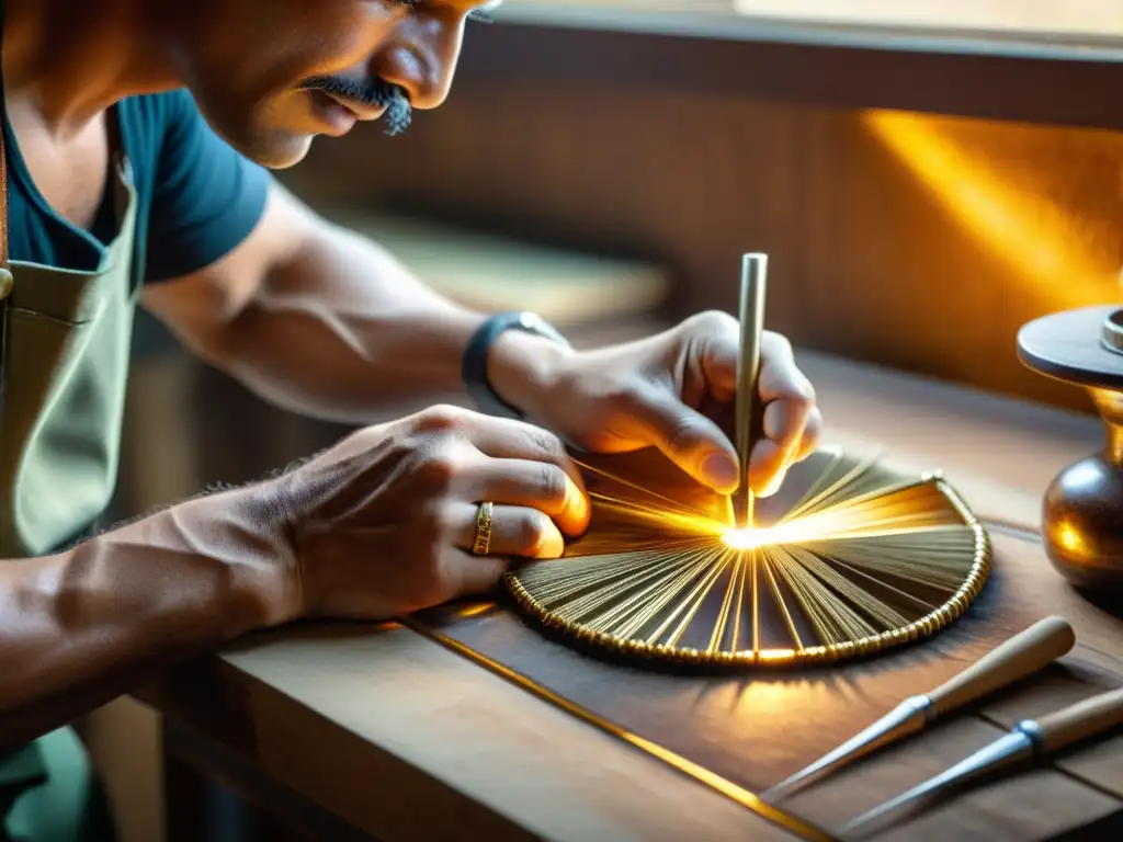 Un artesano cuidadosamente elabora una joya única con luz cálida, reflejando la artesanía