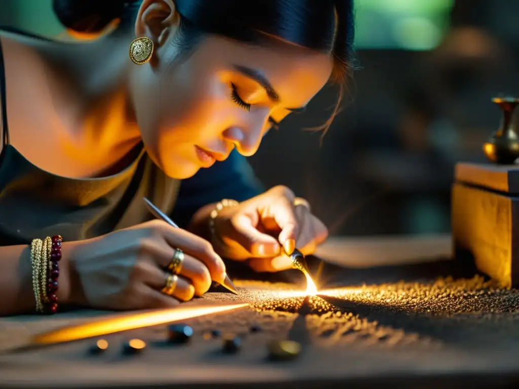 Un artesano hábil elabora joyería delicada con herramientas tradicionales en un taller