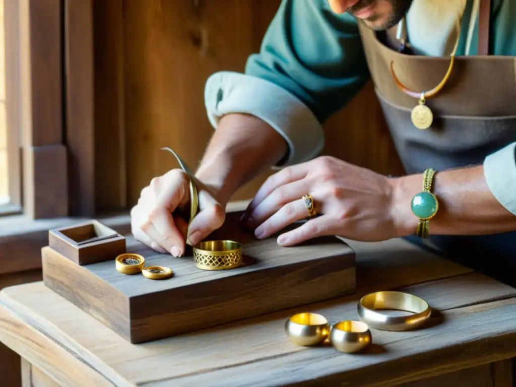 Un artesano dispone joyería hecha a mano en expositor de madera en cálida luz natural