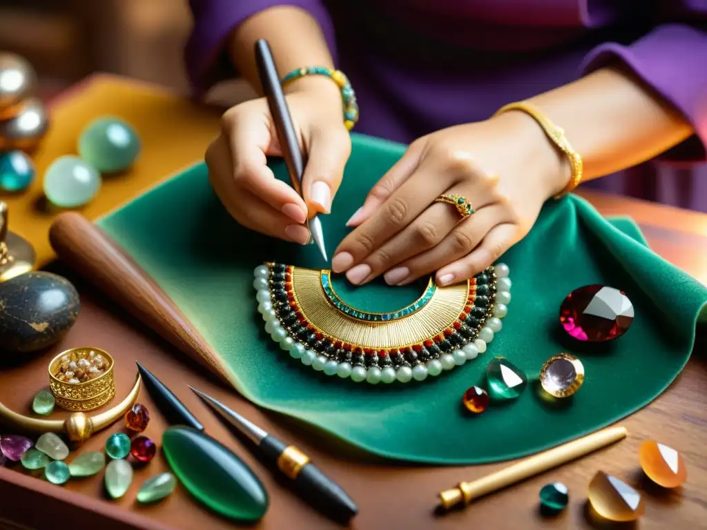 Un artesano elaborando joyería con herramientas tradicionales, rodeado de gemas coloridas y materiales preciosos