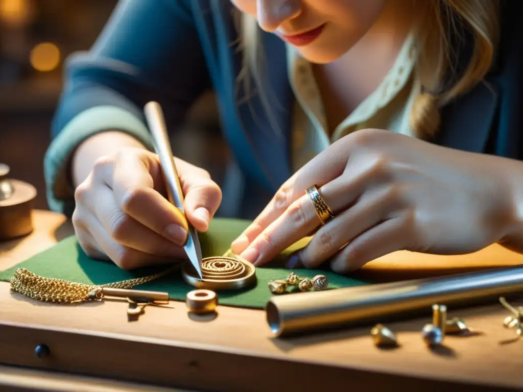 Un artesano crea joyería con historias cautivadoras en un taller lleno de herramientas vintage y materiales, iluminado por una suave luz cálida