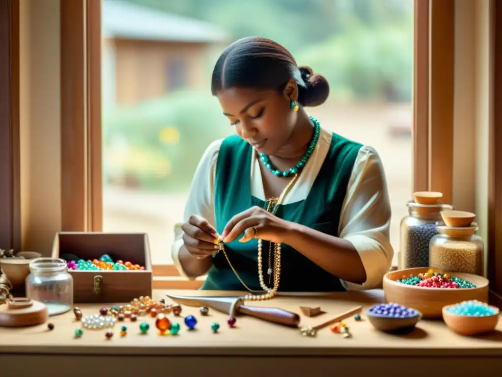 Un artesano crea joyería a mano en un ambiente cálido, rodeado de herramientas y cuentas coloridas, con luz natural