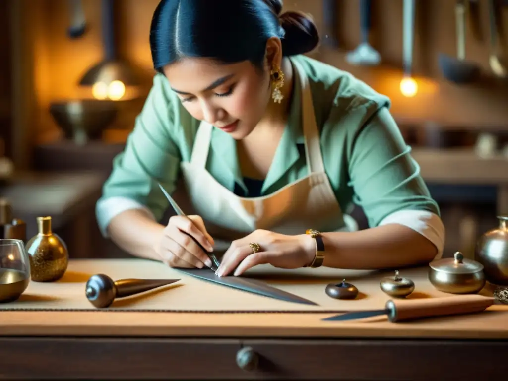 Un artesano hábil crea joyería a mano con herramientas e iluminación cálida, evocando tradición y dedicación