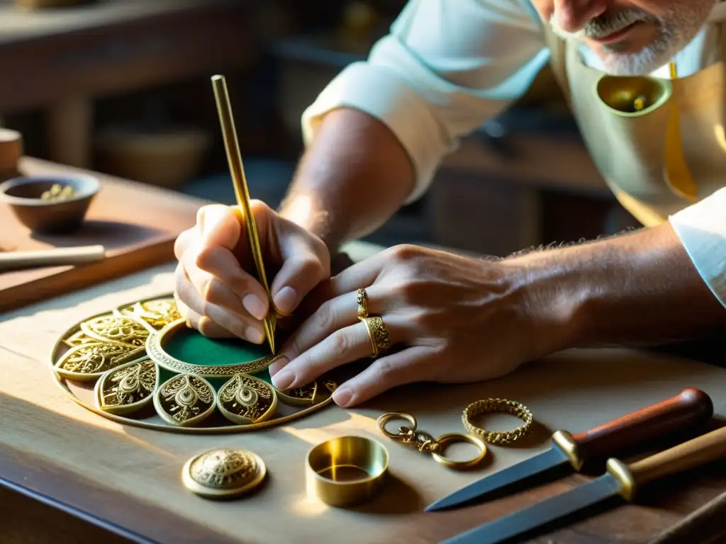 Un artesano joyero crea un delicado collar de filigrana dorada en un taller vintage, con herramientas antiguas y luz natural