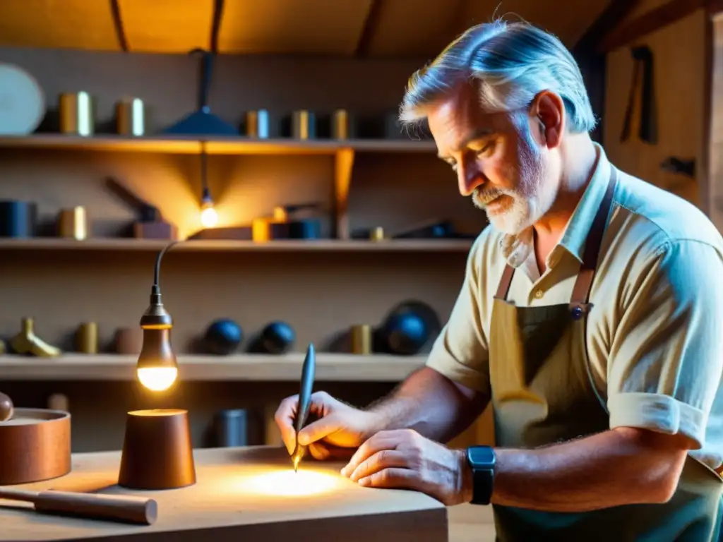 Un artesano crea una lámpara LED artesanal en un taller rústico con luz cálida