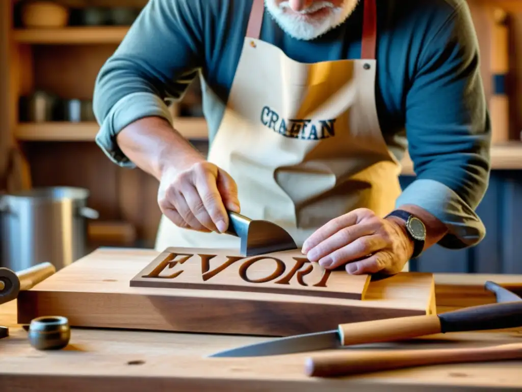 Artesano tallando un letrero de madera con detalles intrincados en un taller rústico, evocando el branding artesanal en la era digital