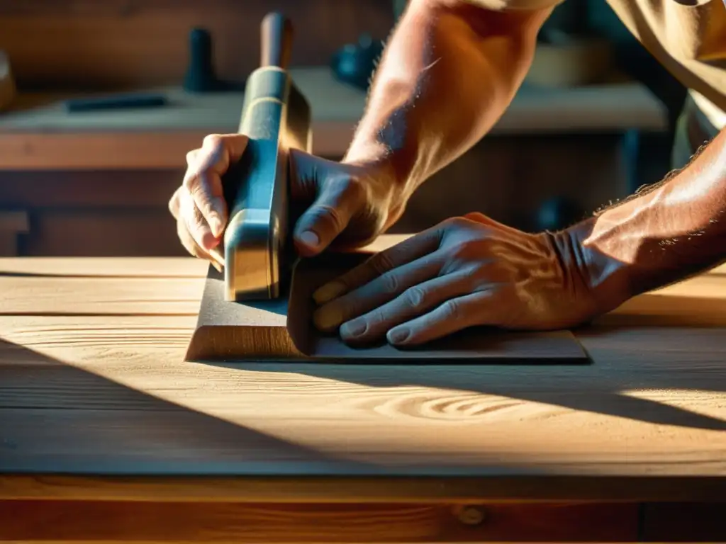 Un artesano cuidadosamente lija y pule una mesa de madera, creando muebles duraderos con testeos digitales